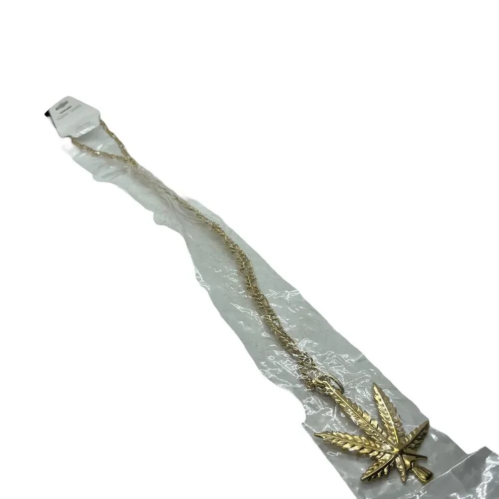 Marijuana Leaf Necklace Ganja Weed Pot Pendant Gold Tone 30